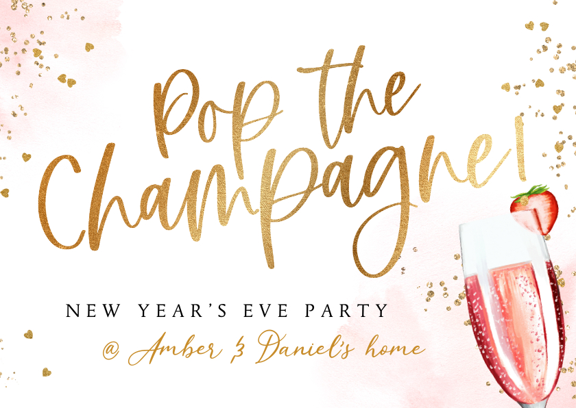 Nieuwjaarskaarten - Uitnodiging jaarwisseling pink champagne goud