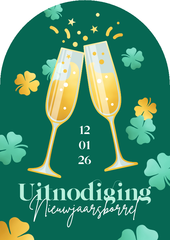 Uitnodiging nieuwjaarsborrel boogvorm champagneglazen - Nieuwjaarskaarten Nieuwjaarskaarten - Uitnodiging nieuwjaarsborrel boogvorm champagneglazen