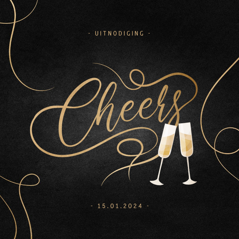 Uitnodiging nieuwjaarsborrel champagne met gouden linten - Nieuwjaarskaarten Nieuwjaarskaarten - Uitnodiging nieuwjaarsborrel champagne met gouden linten