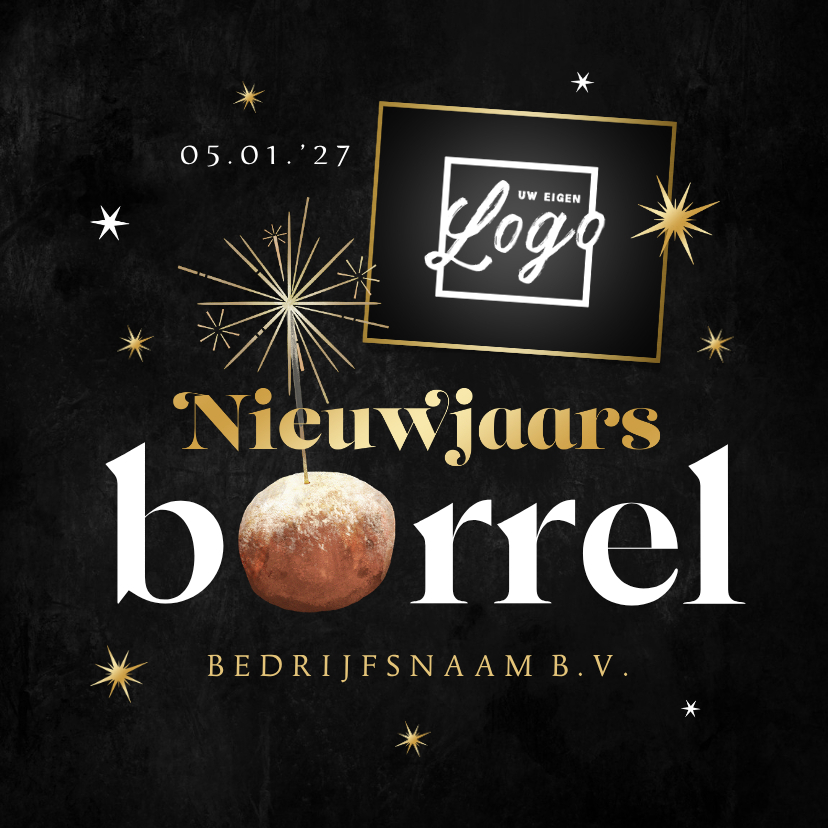 Uitnodiging nieuwjaarsborrel champagne oliebol sterren goud - Nieuwjaarskaarten Nieuwjaarskaarten - Uitnodiging nieuwjaarsborrel champagne oliebol sterren goud