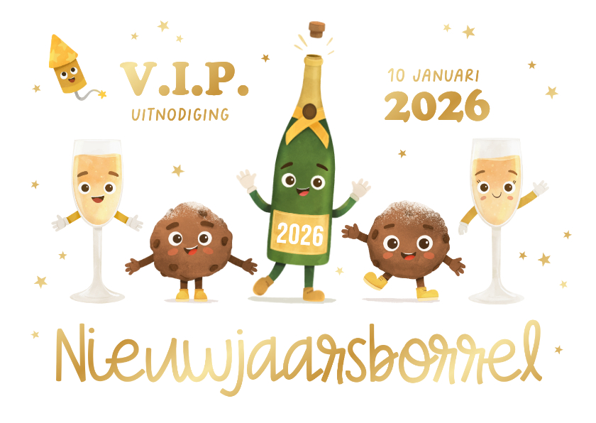 Uitnodiging nieuwjaarsborrel champagne oliebollen sterren - Nieuwjaarskaarten Nieuwjaarskaarten - Uitnodiging nieuwjaarsborrel champagne oliebollen sterren