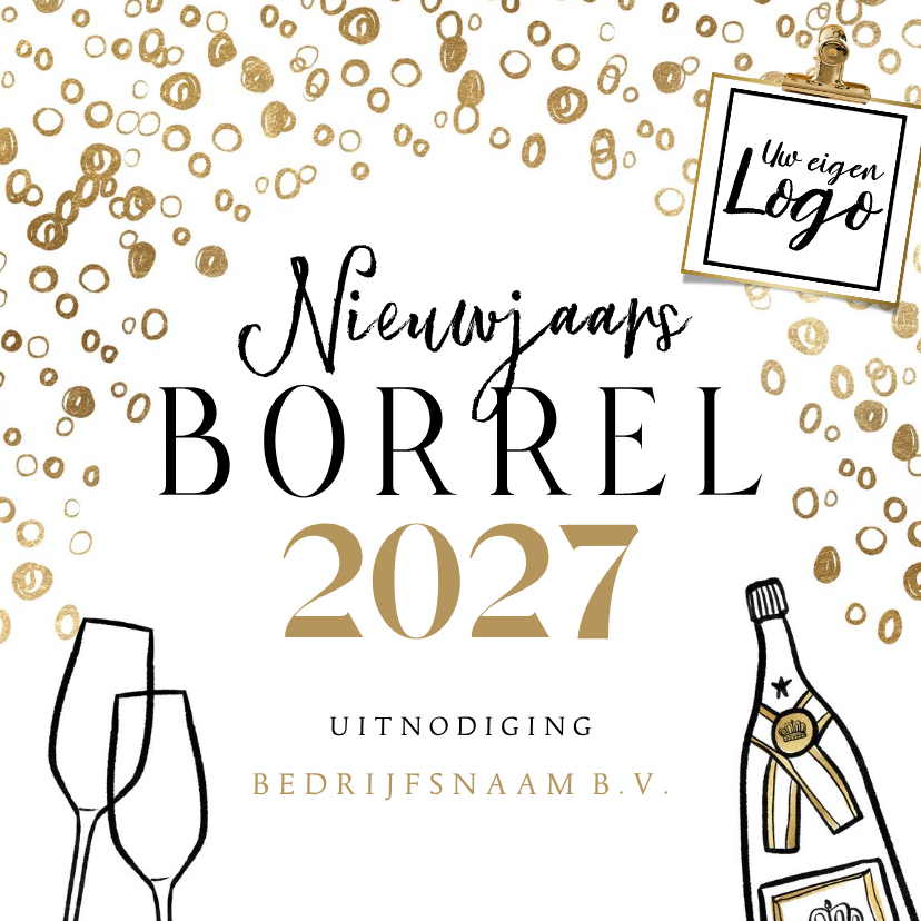 Uitnodiging nieuwjaarsborrel champagnefles bubbles logo - Nieuwjaarskaarten Nieuwjaarskaarten - Uitnodiging nieuwjaarsborrel champagnefles bubbles logo