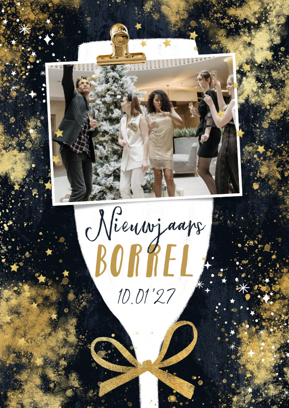 Uitnodiging nieuwjaarsborrel champagneglas foto goud sterren - Nieuwjaarskaarten Nieuwjaarskaarten - Uitnodiging nieuwjaarsborrel champagneglas foto goud sterren