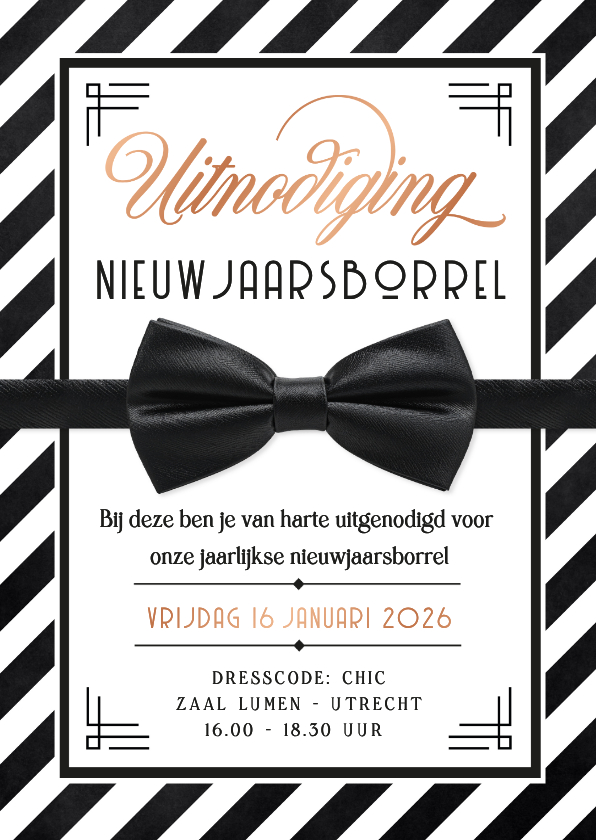 Nieuwjaarskaarten - Uitnodiging nieuwjaarsborrel chic met vlinderstrikje