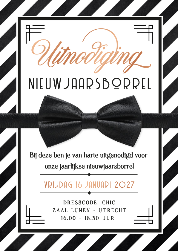Uitnodiging nieuwjaarsborrel chic met vlinderstrikje - Nieuwjaarskaarten Nieuwjaarskaarten - Uitnodiging nieuwjaarsborrel chic met vlinderstrikje