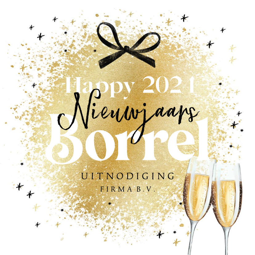Nieuwjaarskaarten - Uitnodiging nieuwjaarsborrel goud sterren champagne