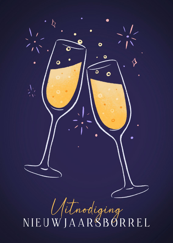 Uitnodiging nieuwjaarsborrel met champagneglazen en vuurwerk - Nieuwjaarskaarten Nieuwjaarskaarten - Uitnodiging nieuwjaarsborrel met champagneglazen en vuurwerk