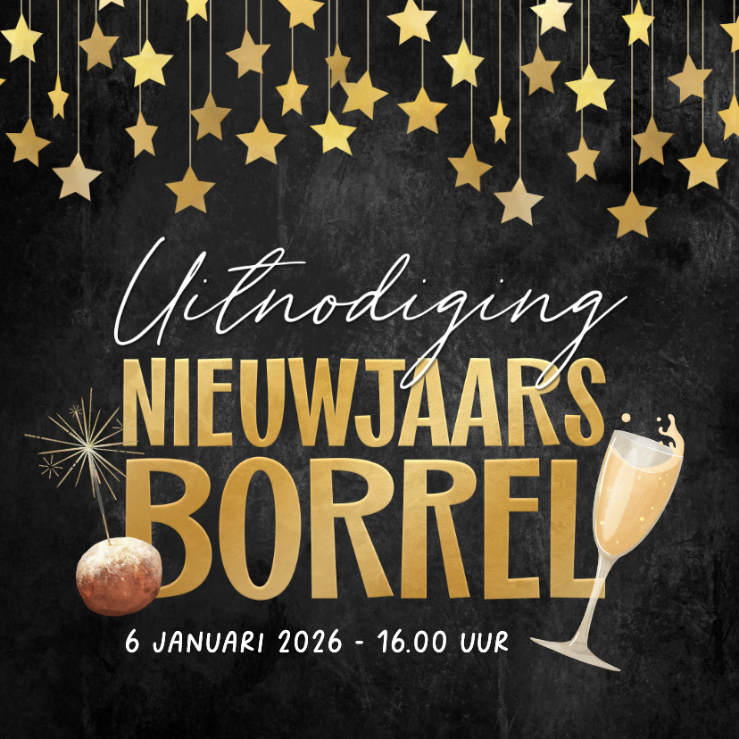 Uitnodiging nieuwjaarsborrel sterren champagne oliebol - Nieuwjaarskaarten Nieuwjaarskaarten - Uitnodiging nieuwjaarsborrel sterren champagne oliebol