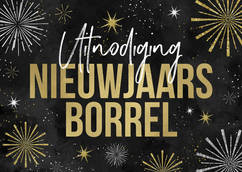 Uitnodiging nieuwjaarsborrel vuurwerk champagne oliebollen - Nieuwjaarskaarten Nieuwjaarskaarten - Uitnodiging nieuwjaarsborrel vuurwerk champagne oliebollen