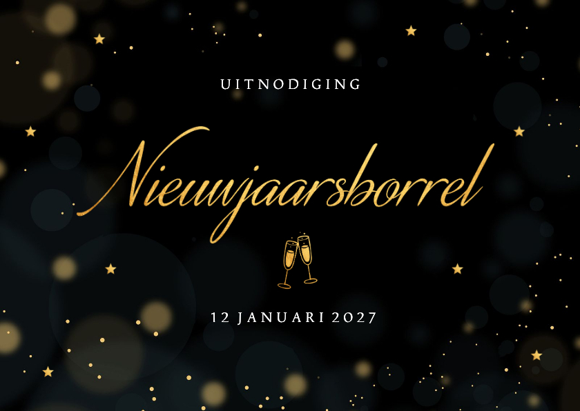 Nieuwjaarskaarten - Uitnodiging Nieuwjaarsborrel zwart goudlook champagneglazen