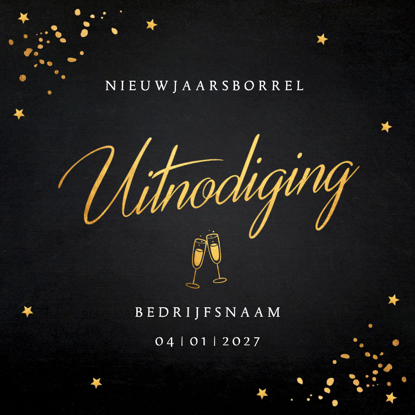 Uitnodiging nieuwjaarsborrel zwart goudlook sterren 2027 - Nieuwjaarskaarten Nieuwjaarskaarten - Uitnodiging nieuwjaarsborrel zwart goudlook sterren 2027