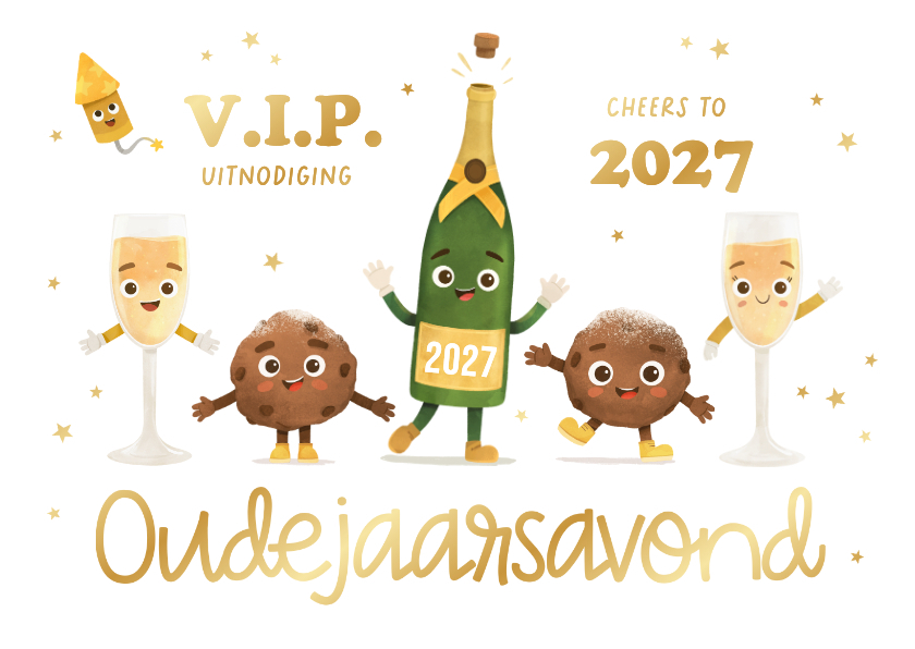 Uitnodiging oudejaarsavond champagne oliebollen humor - Nieuwjaarskaarten Nieuwjaarskaarten - Uitnodiging oudejaarsavond champagne oliebollen humor