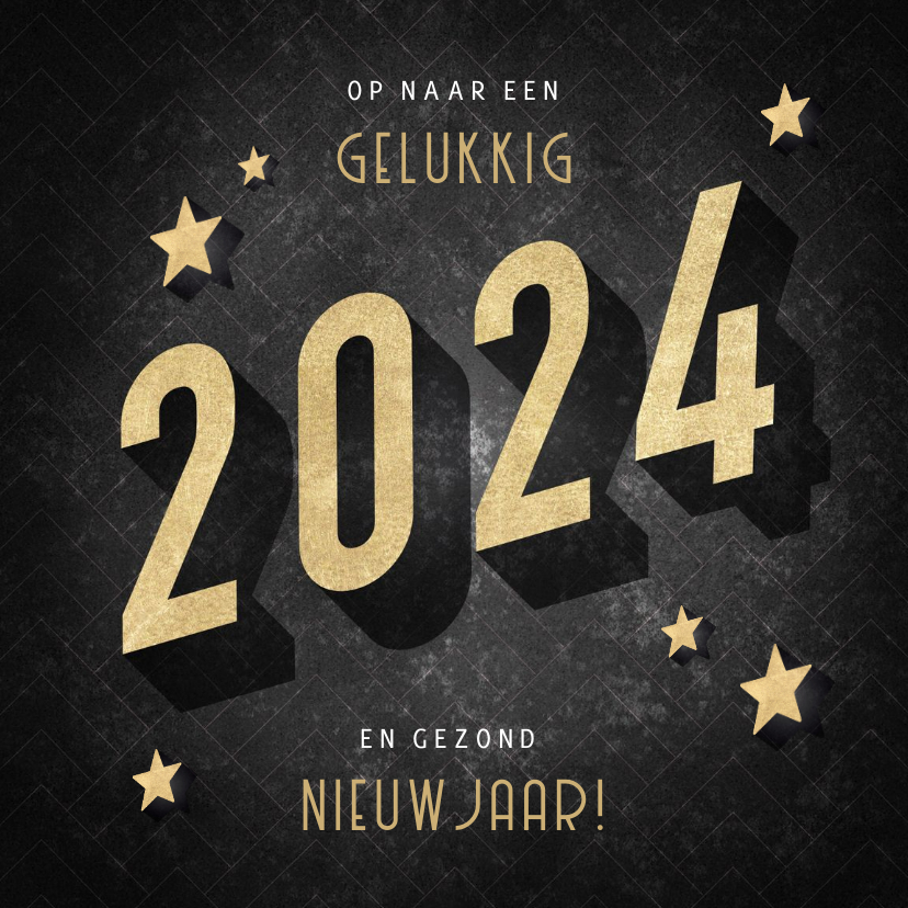 Vintage nieuwjaarskaart 3d 2024 sterren en Kaartje2go