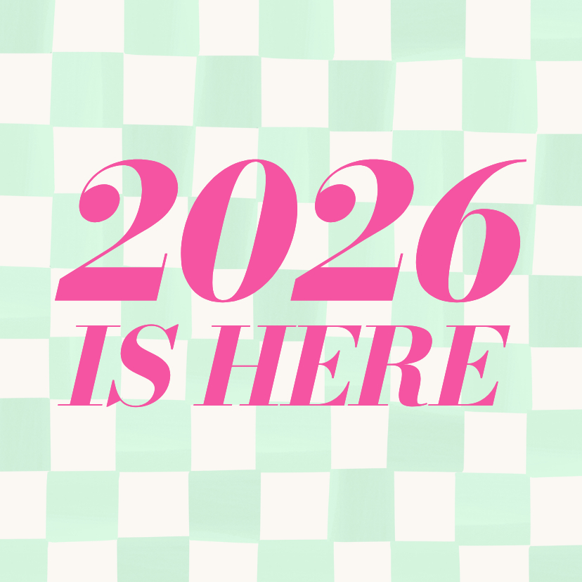 Vrolijk nieuwjaarskaartje 2027 is here groen geblokt - Nieuwjaarskaarten Nieuwjaarskaarten - Vrolijk nieuwjaarskaartje 2027 is here groen geblokt
