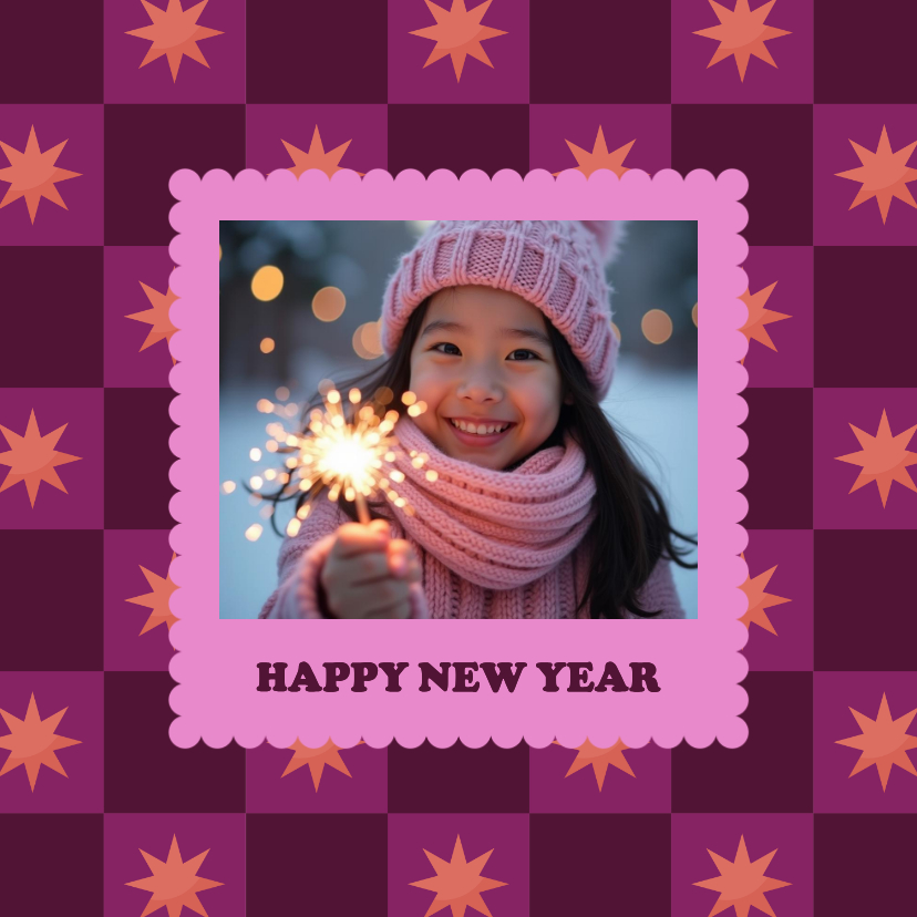 Nieuwjaarskaarten - Vrolijke foto nieuwjaarskaart blokjespatroon met sterren