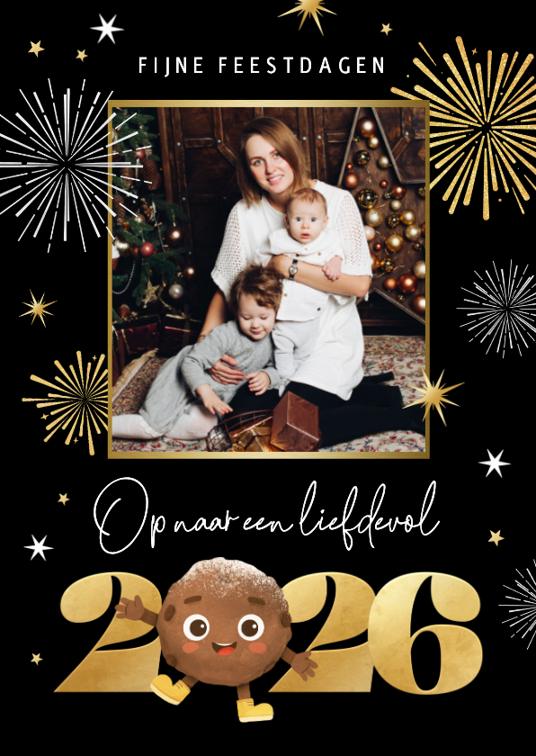Nieuwjaarskaarten - Vrolijke nieuwjaarskaart foto oliebol 2026 vuurwerk