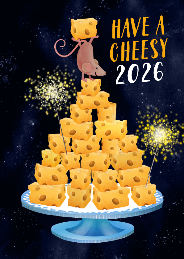 Nieuwjaarskaarten - Vrolijke nieuwjaarskaart met kaasblokjes en een muis