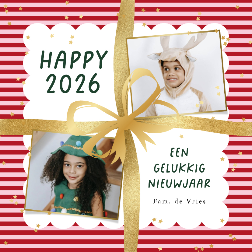 Nieuwjaarskaarten - Vrolijke nieuwjaarskaart streeppatroon strik sterren goud