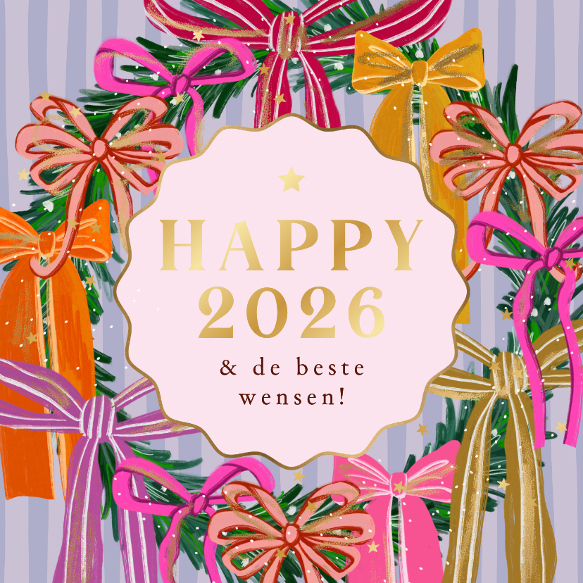 Nieuwjaarskaarten - Vrolijke nieuwjaarskaart strikken sterren goud streep