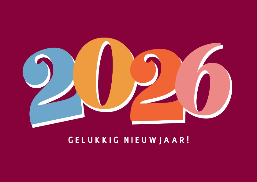 Nieuwjaarskaarten - Vrolijke paarse nieuwjaarskaart met gekleurd jaartal