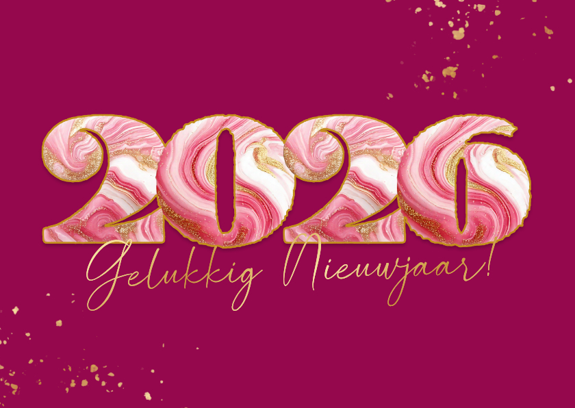 Nieuwjaarskaarten - Vrolijke roze nieuwjaarskaart met gemarmerd jaartal