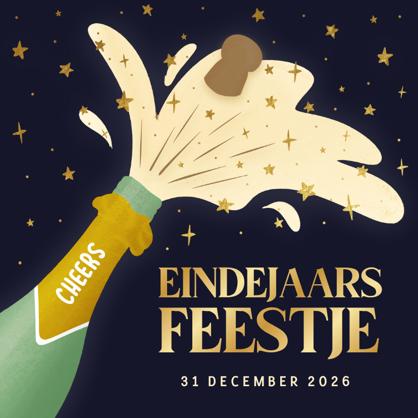 Vrolijke uitnodiging eindejaarsfeest knallende champagnefles - Nieuwjaarskaarten Nieuwjaarskaarten - Vrolijke uitnodiging eindejaarsfeest knallende champagnefles
