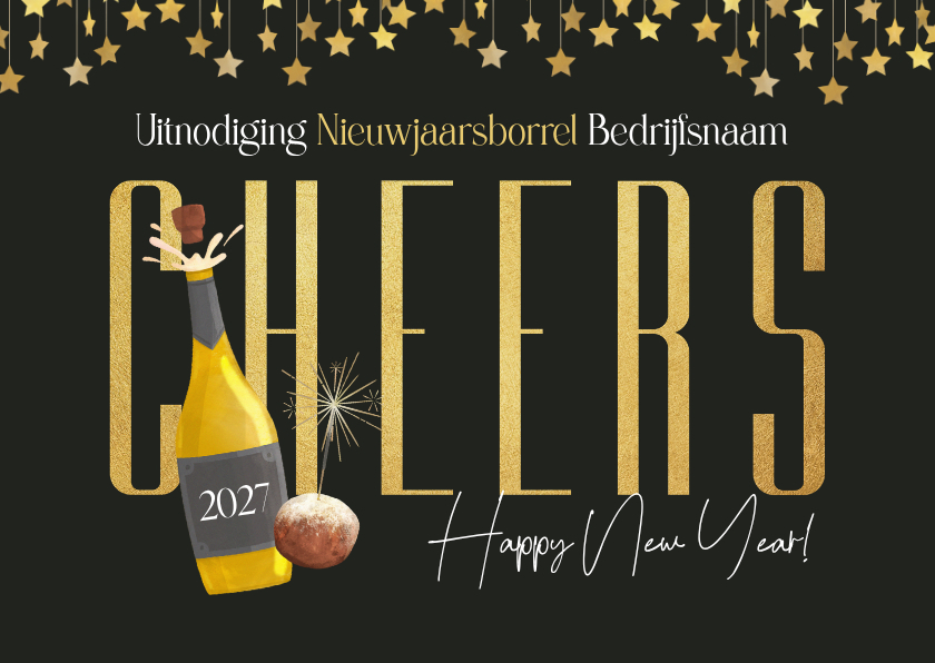 Nieuwjaarskaarten - Zakelijk uitnodiging nieuwjaarsborrel champagne oliebol ster