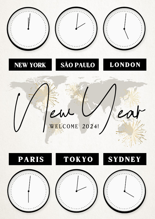 Nieuwjaarskaarten - Zakelijke internationale nieuwjaarskaart met wereldklokken