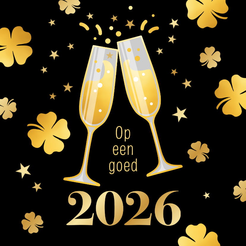 Nieuwjaarskaarten - Zakelijke nieuwjaarskaart champagneglazen & klavertjes goud