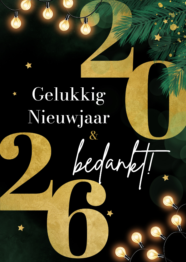 Nieuwjaarskaarten - Zakelijke nieuwjaarskaart dennentakjes goud sterren 2026