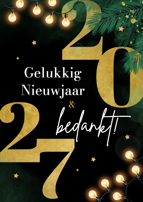 Zakelijke nieuwjaarskaart dennentakjes goud sterren 2027 - Nieuwjaarskaarten Nieuwjaarskaarten - Zakelijke nieuwjaarskaart dennentakjes goud sterren 2027