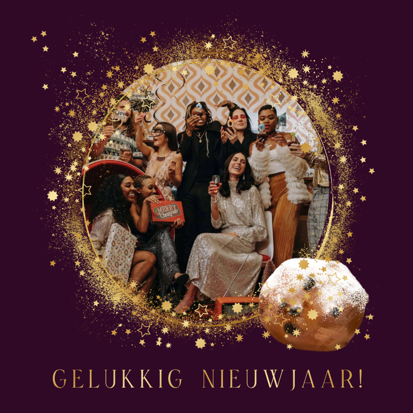 Zakelijke nieuwjaarskaart foto sterrenstof oliebol goud - Nieuwjaarskaarten Nieuwjaarskaarten - Zakelijke nieuwjaarskaart foto sterrenstof oliebol goud