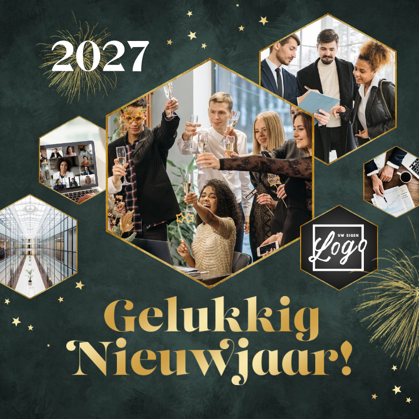Zakelijke nieuwjaarskaart fotocollage vuurwerk sterren goud - Nieuwjaarskaarten Nieuwjaarskaarten - Zakelijke nieuwjaarskaart fotocollage vuurwerk sterren goud