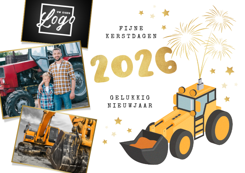 Nieuwjaarskaarten - Zakelijke nieuwjaarskaart graafmachine bouw 2026 vuurwerk
