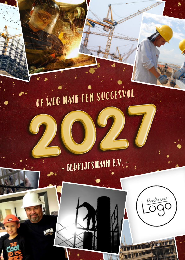 Zakelijke rode nieuwjaarskaart 9 foto's gouden 2027 - Nieuwjaarskaarten Nieuwjaarskaarten - Zakelijke rode nieuwjaarskaart 9 foto's gouden 2027
