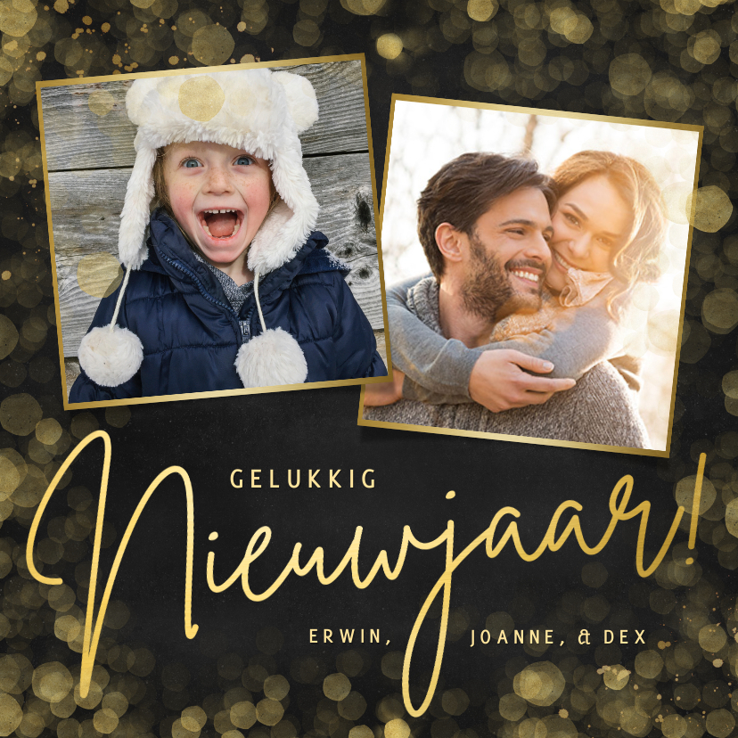 Nieuwjaarskaarten - Zwarte nieuwjaarskaart met 2 eigen foto's en goudlook tekst