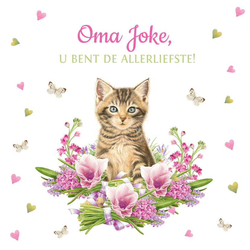 Allerliefste oma kaart met kitten, hartjes en vlinders - Opa en Oma kaarten Opa en Oma kaarten - Allerliefste oma kaart met kitten, hartjes en vlinders