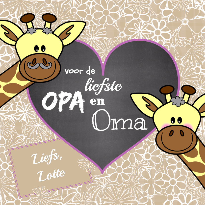 Opa en Oma giraffe bloemen - Opa en Oma kaarten Opa en Oma kaarten - Opa en Oma giraffe bloemen