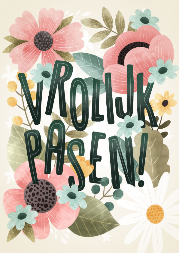 Paaskaarten - Fleurige paaskaart bloemen, bladeren, takjes Vrolijk Pasen!