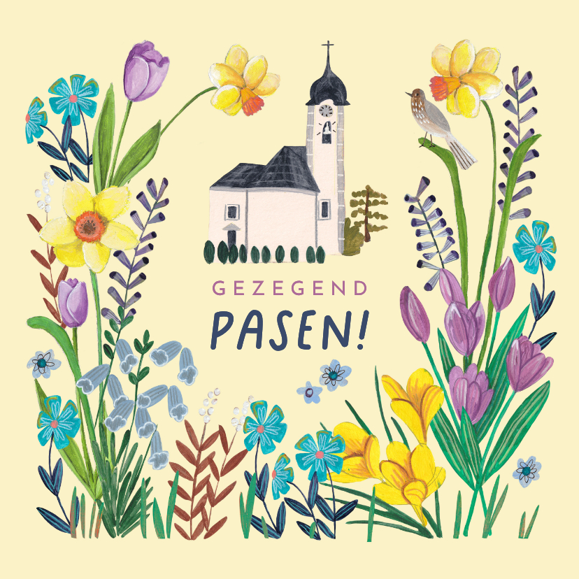 Paaskaarten - Paaskaart bloemen kerk illustratie gezegend