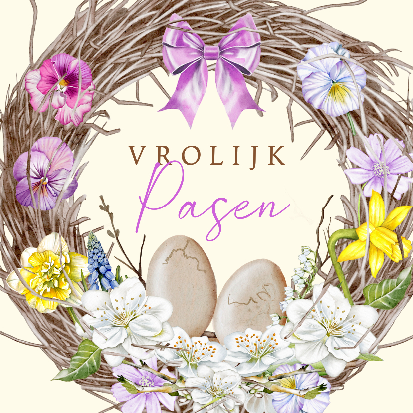 Paaskaarten - Paaskaart krans met bloemen strik en eieren