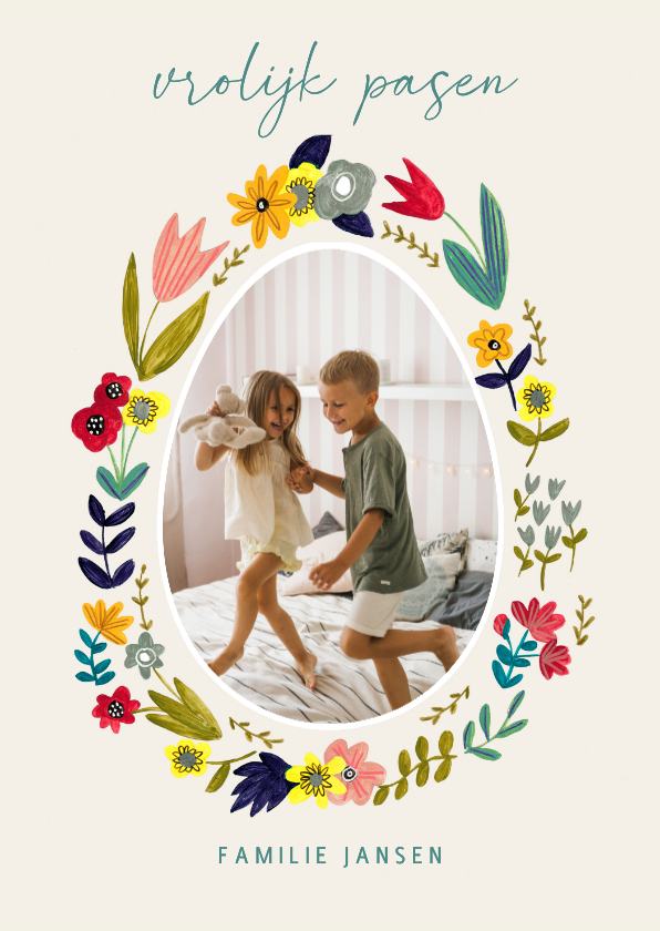 Paaskaarten - Paaskaart met bloemenkrans om paasei foto frame