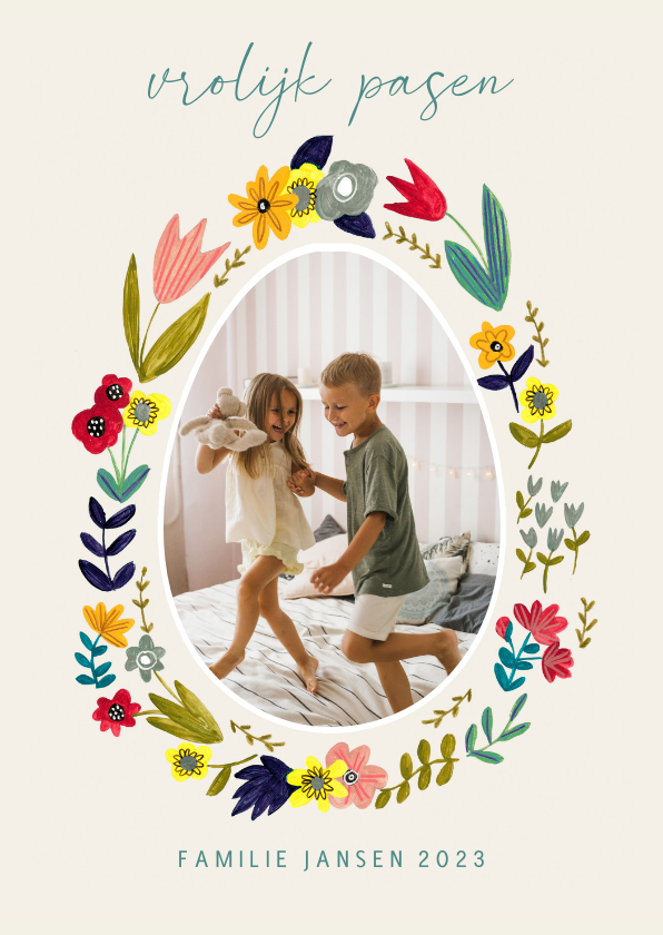 Paaskaarten - Paaskaart met bloemenkrans om paasei foto frame