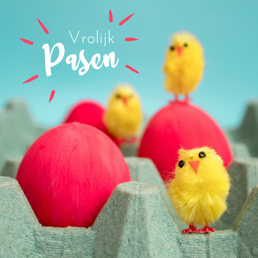 Paaskaarten - Paaskaart met drie kuikens en drie rode eieren