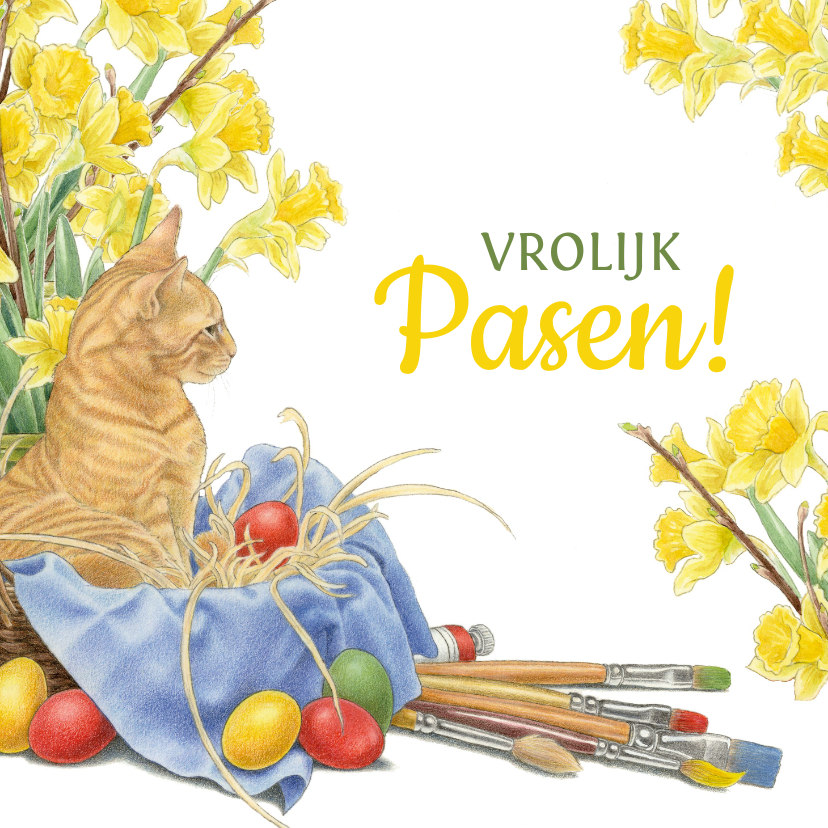 Paaskaarten - Paaskaart met kat, narcissen, paaseieren en kwasten