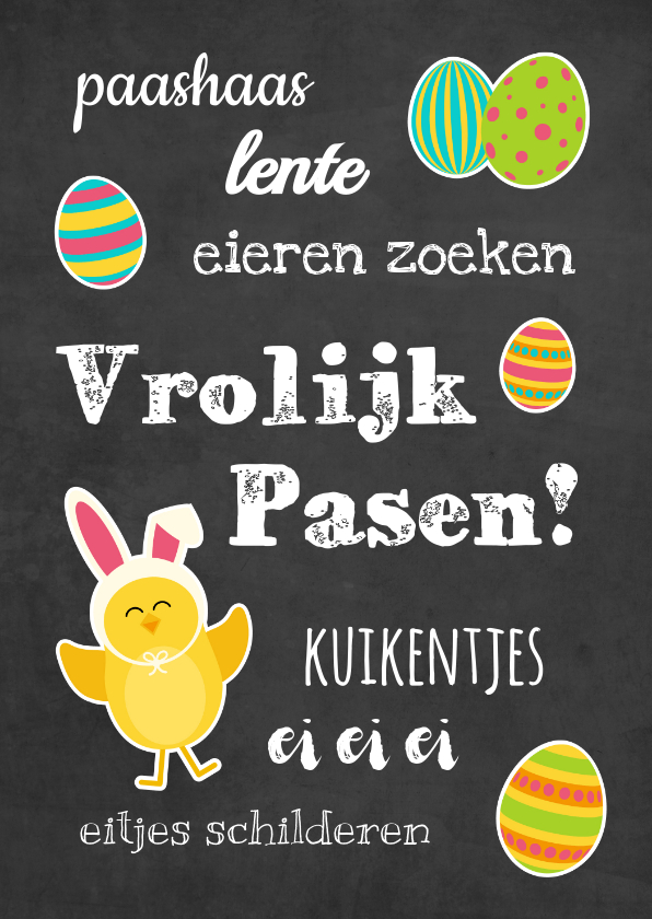 Paaskaart met paaskuiken en paaseitjes op krijtbord - Paaskaarten Paaskaarten - Paaskaart met paaskuiken en paaseitjes op krijtbord