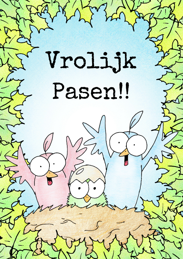 Paaskaart met twee vogels en kuikentje in een nest - Paaskaarten Paaskaarten - Paaskaart met twee vogels en kuikentje in een nest