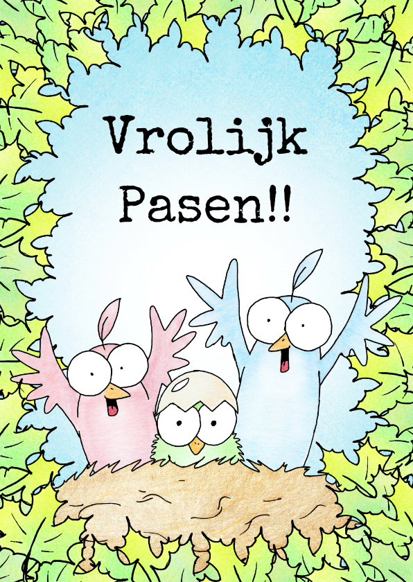 Paaskaarten - Paaskaart met twee vogels en kuikentje in een nest