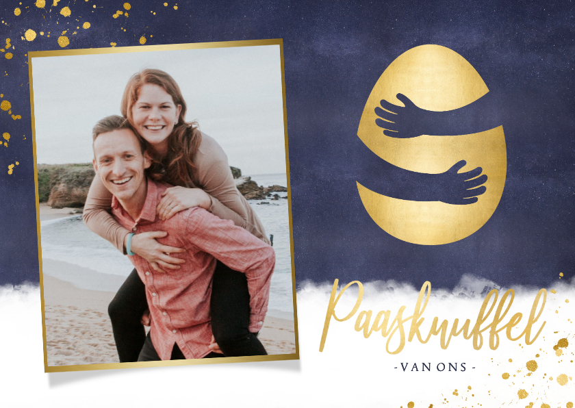 Paaskaarten - Paaskaart paasknuffel met gouden ei en eigen foto