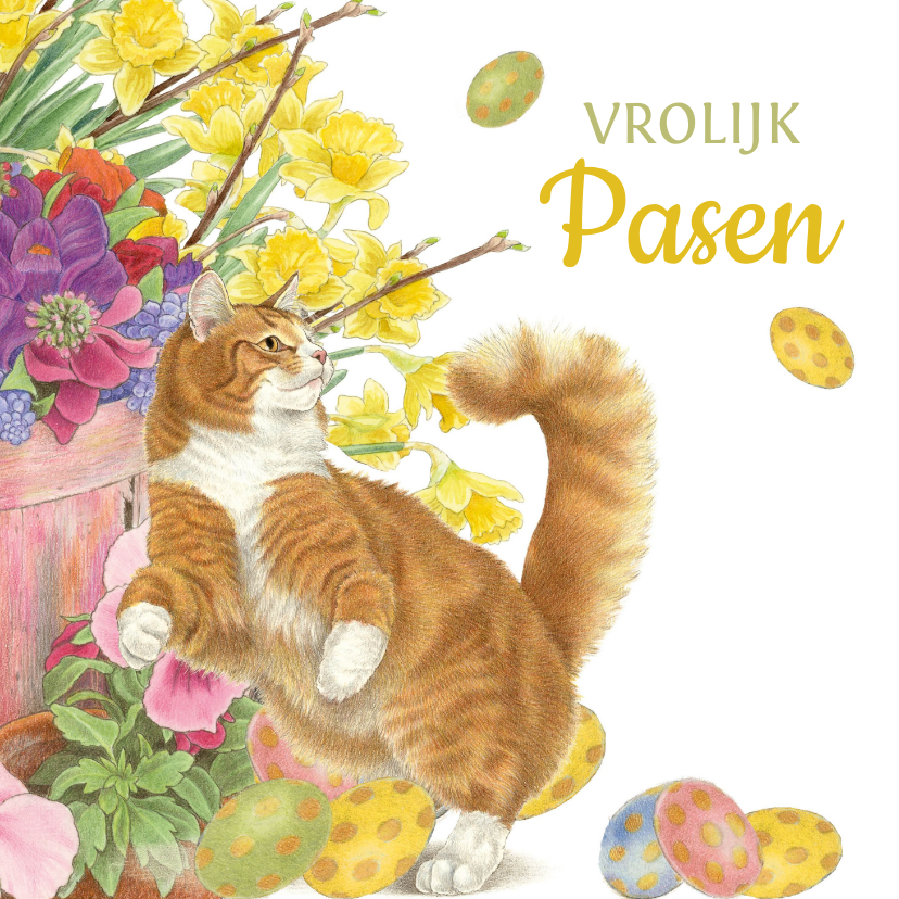 Paaskaarten - Paaskaart spelende rode kat met paaseitjes en bloemen